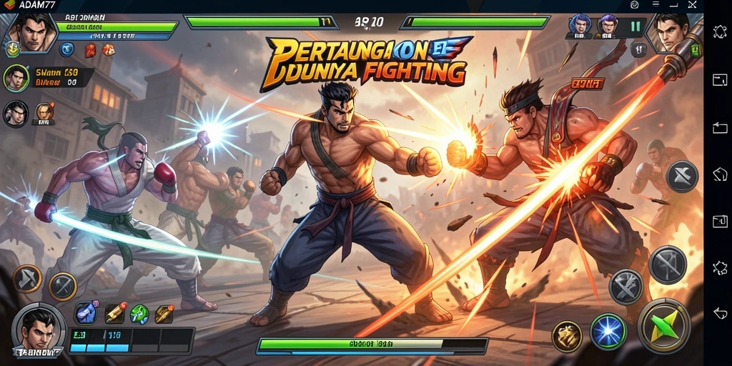 Tangkapan layar gameplay ADAM77 dengan pertarungan mendebarkan antar karakter.