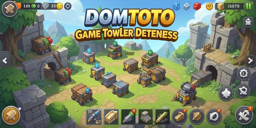 Screenshot DOMTOTO dengan aksi menara pertahanan yang mendebarkan.