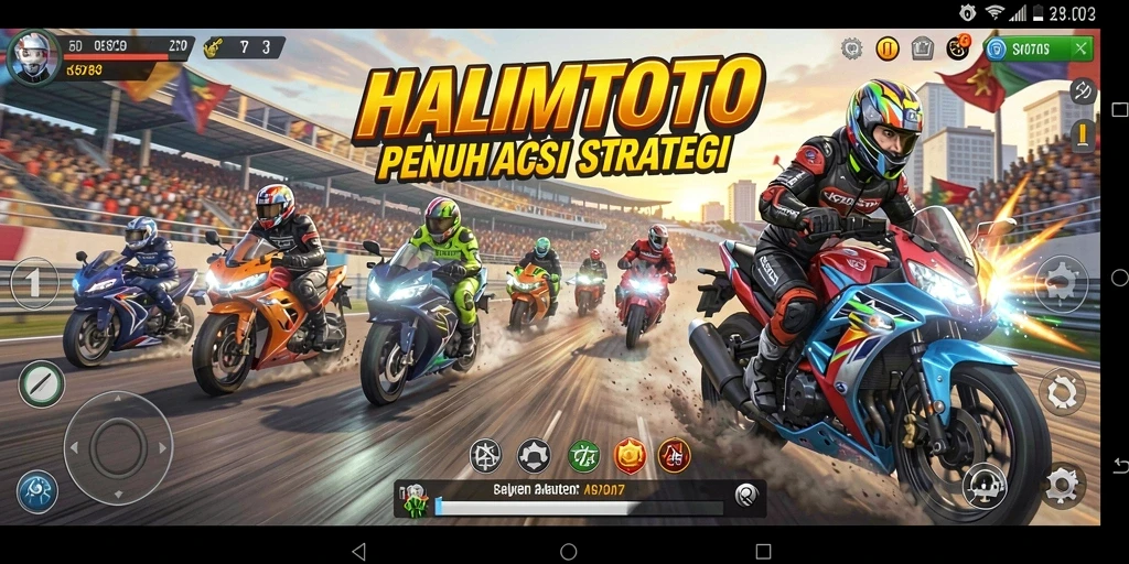 Screenshot utama HALIMTOTO menunjukkan aksi balapan motor yang mendebarkan.