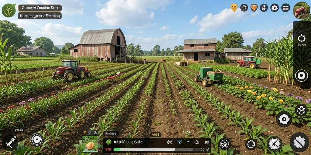Tampilan gameplay dari ID098 yang menggambarkan aktivitas pertanian.