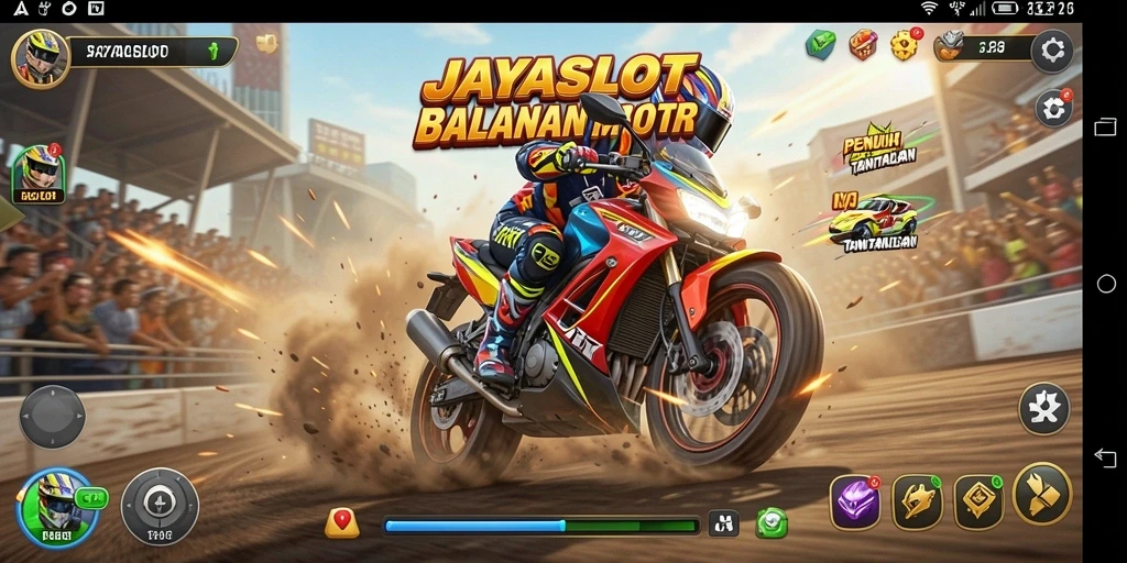 Screenshot JAYASLOT menampilkan aksi balapan motor yang mendebarkan.