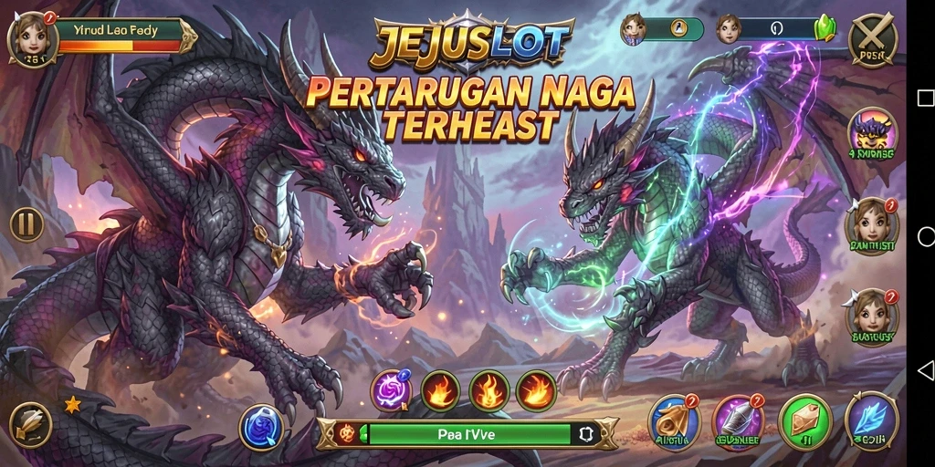 Tangkapan layar utama JEJUSLOT menampilkan pertarungan seru antara karakter.