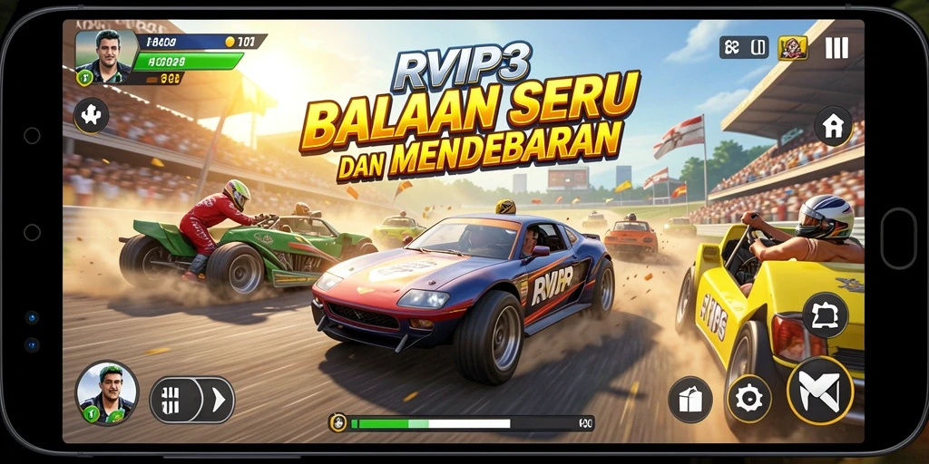 Tampilan utama gameplay RVIP3 yang penuh aksi balapan.