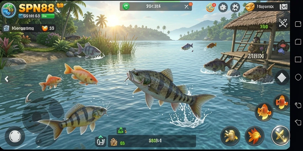 Screenshot gameplay SPN88 menampilkan pemain yang menangkap ikan di danau yang cerah.
