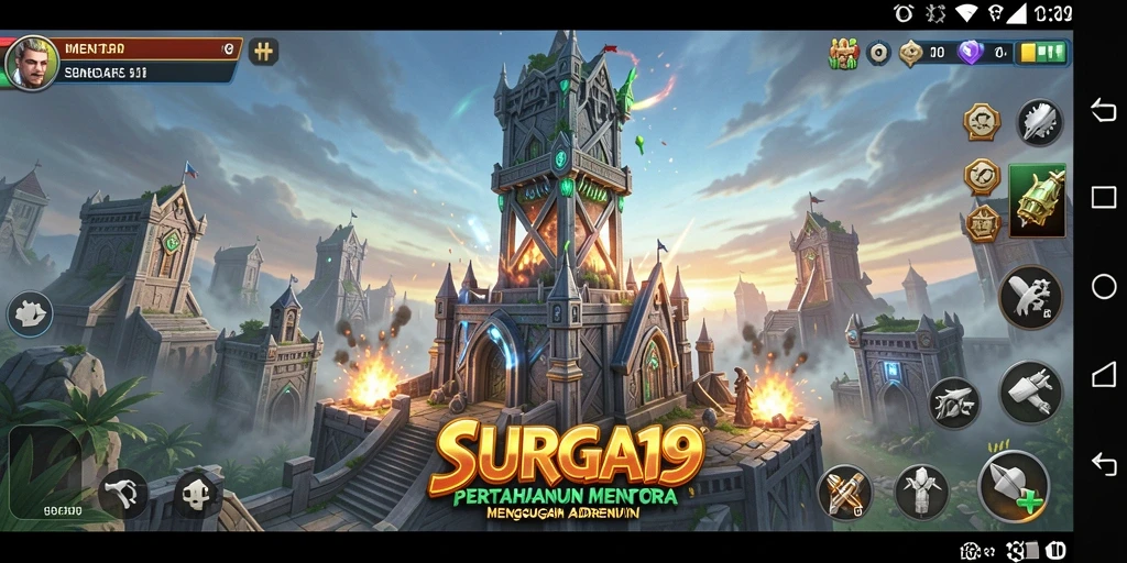 Gambar menunjukkan gameplay seru dalam SURGA19 dengan menara yang berjuang melawan gelombang musuh.